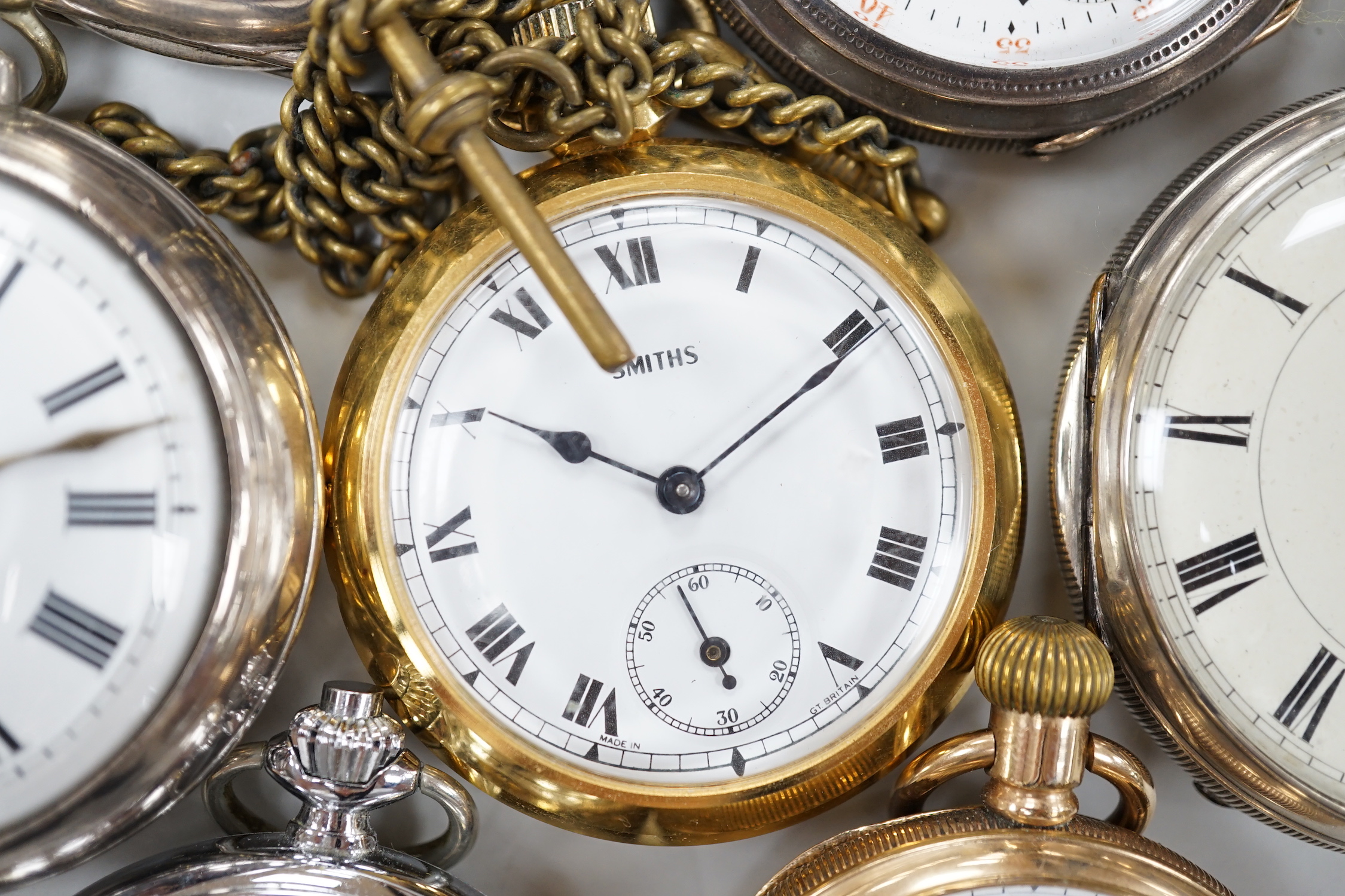 Eleven assorted silver or base metal pocket watches including Cymrex, Sun-Dial with decorated case and silver half hunter.